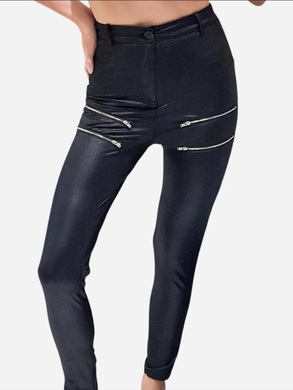 Cbr Black Satin Leggings Zipper Accents Back Pockets Belt Loops Punk Goth XS